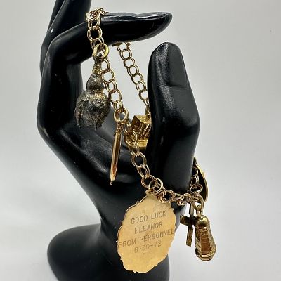 14K Gold Vintage European Theme Personalized Charm Bracelet. This item is in good pre-owned 