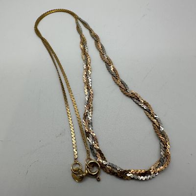 14K Tri Color Gold Woven Necklace Italy 16 Inch. This item is in good pre-owned, previously 
