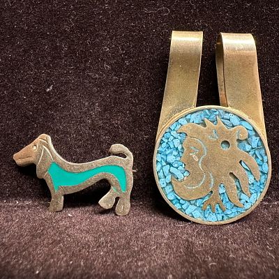 Alpaca Mexico Silver Green Enamel Inlay Brooch and Turquoise Chip Inlaid Money Clip. The lot 