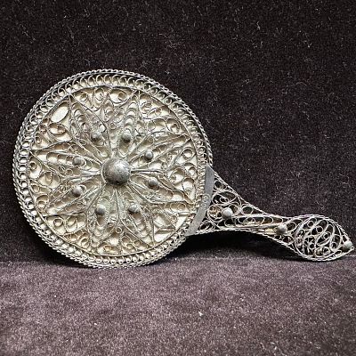 1000 Fine Silver Filigree Hand Mirror Ornate 19th Century Style. This item is in good pre-owned 