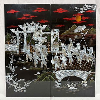 Imperial Procession Under The Crimson Skies Two-Panel Mother of Pearl Inlay Wall Art R92. This 
