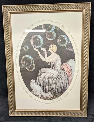 Framed Louis Icart Print Art Deco Woman Blowing Bubbles JB. The framed print is approx 19 3/4" 