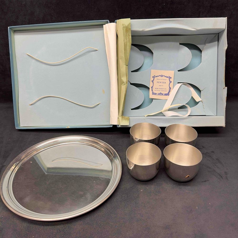 Modern and Colonial Pewter Kirk Stieff Plate and Four Jefferson Cup Set. This set includes four 