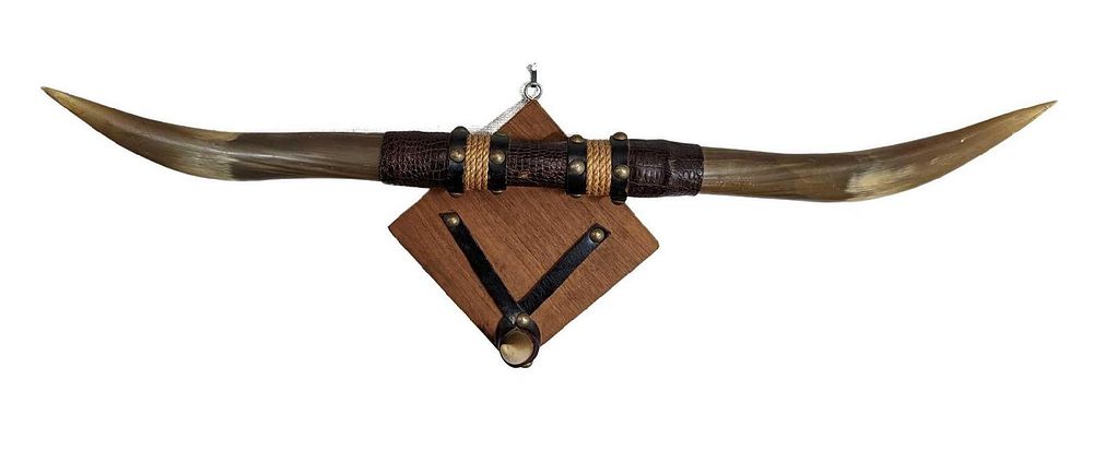 Bull Horn Wall Mount Coat Hanger. Made of real bull horns, wood, and leather. The maker and 