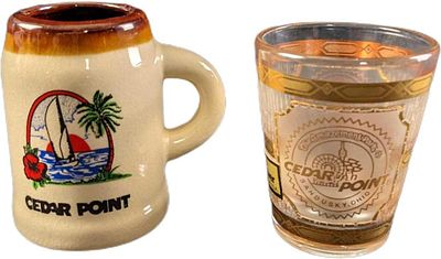 Cedar Point Souvenir Ceramic & Glass Shot Glasses. This lot includes: 
(1) Ceramic Mug Shot 