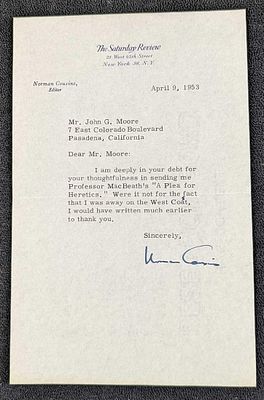 Signed Norman Cousins Saturday Review Letter. This was sent in 1953. The letter is approx 5 