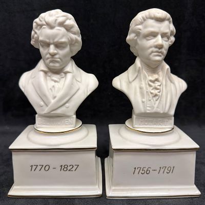 San Francisco Beethoven and Mozart Porcelain Bust Music Box Figurines. Pair of porcelain 