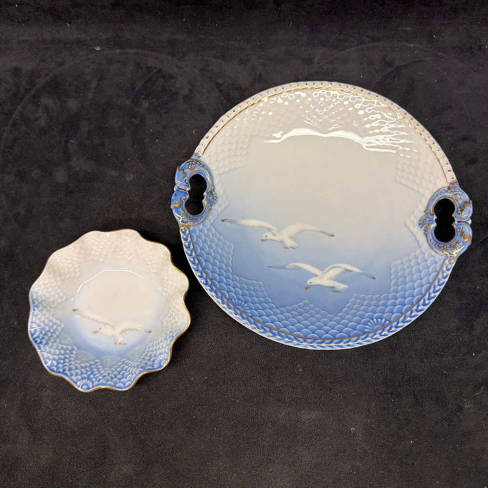 Royal Copenhagen Seagull Porcelain Handled Tray and Scalloped Bowl Set. Lot of two Royal 