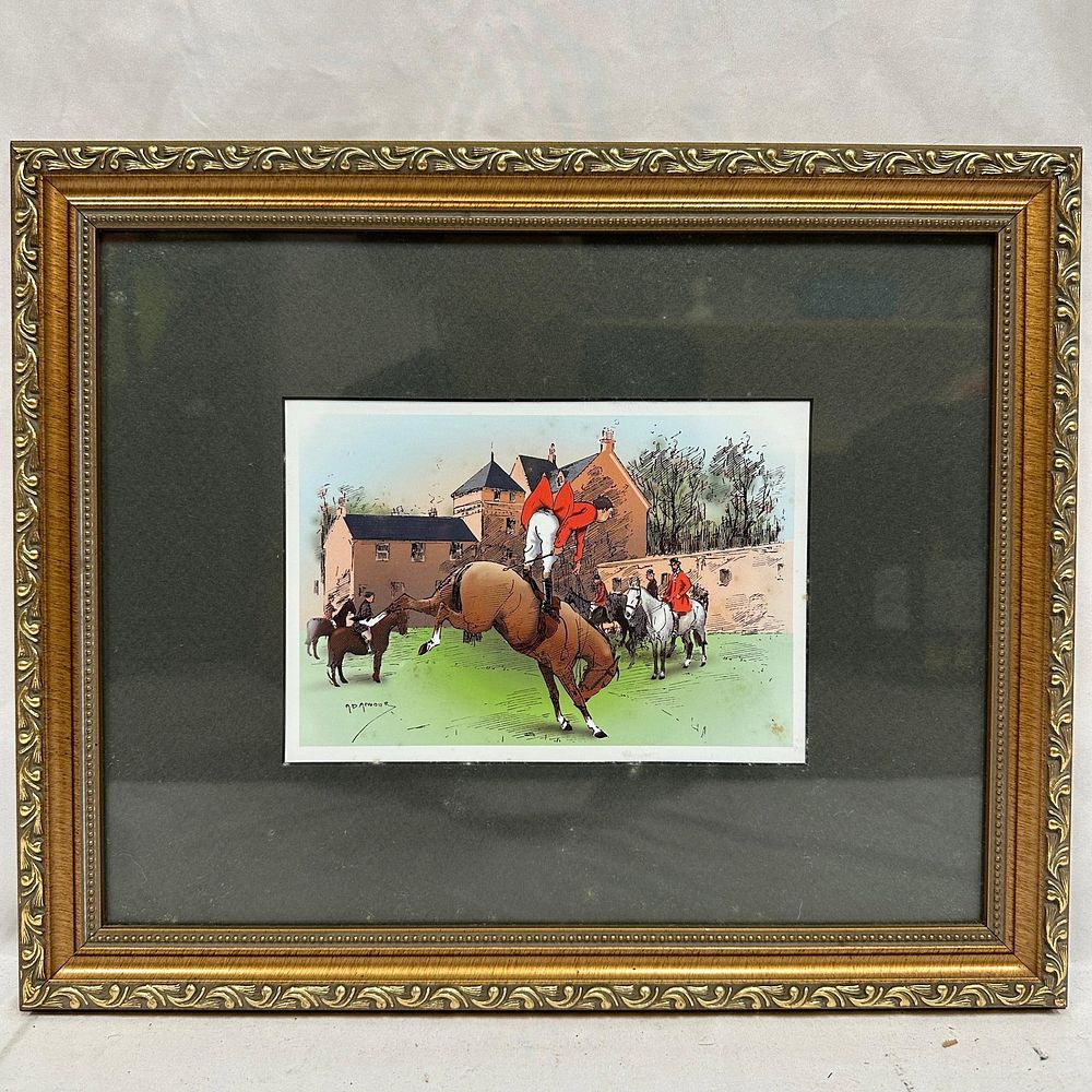 Framed British Horse Sport Hunt Scene Print Artwork. Framed colored hunt scene print depicting a 