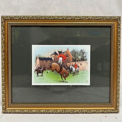 Framed British Horse Sport Hunt Scene Print Artwork. Framed colored hunt scene print depicting a 