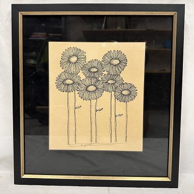 Framed Minimalist Floral Line Art Drawing Print. Framed minimalist floral line art drawing or 
