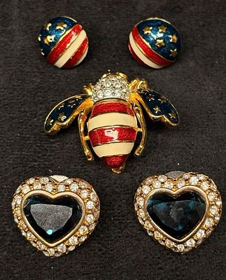 Joan Rivers Patriotic Bee Brooch and Clip-On Earrings Group 3pc F. Joan Rivers costume jewelry 