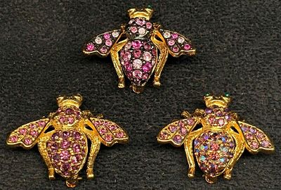 3pc Joan Rivers Rhinestone Bee Brooch Group Pink Purple Gold Tone. Group of three Joan Rivers 