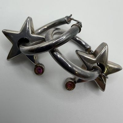 Silver Hoop Earrings with Star Pink Rhinestone HH21. This item is in good pre-owned, previously 