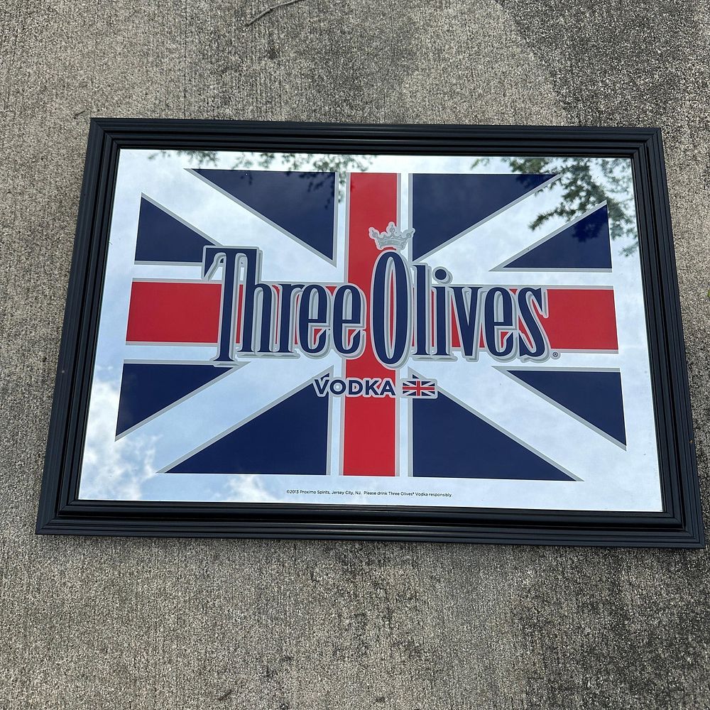 Three Olives Vodka Framed Mirror Bar Sign Union Jack Design. Framed bar mirror advertising Three 