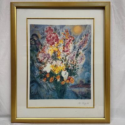 Marc Chagall Floral Bouquet Offset Lithograph Signed and Numbered 354/500 Framed. Color offset 