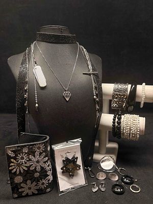 17pc Black White and Silver Rebels Regalia Costume Jewelry Collection. This lot contains 17 