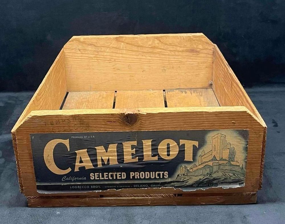 Produce of U.S.A. Camelot California Selected Products Wood Crate. This lot contains a Produce 