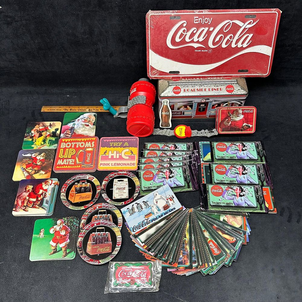 Coca Cola Advertising and Collectibles Assortment Tins Sign Coasters Cards and Accessories. Mixed 