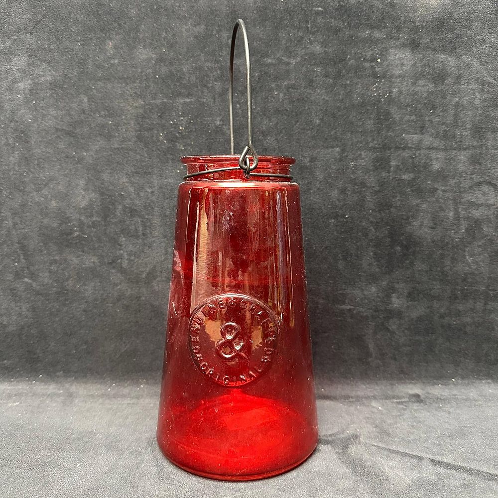 Embossed Red Glass Hanging Lantern Type Jar with Handle. This item is in pre-owned, previously 