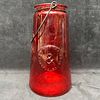 Embossed Red Glass Hanging Lantern Type Jar with Handle. This item is in pre-owned, previously Image - 1
