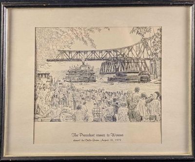 Framed The President Comes To Winona Print By Jim Heinlkn. The print shows a crowed watching 