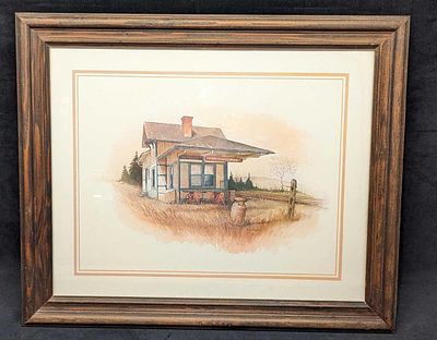 Framed Ruby Nuppin Americana Train Station Print. The framed print is approximately 23 1/2" x 