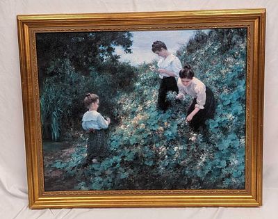 Framed Flower Girls Hermann Seeger Textured Print On Canvas. The print has a texture that 