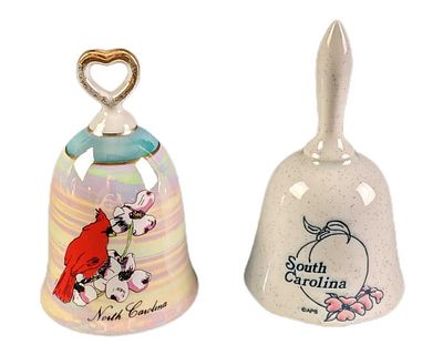 Vintage North And South Carolina Souvenir Porcelain Bells. This lot includes: 
(1) North 