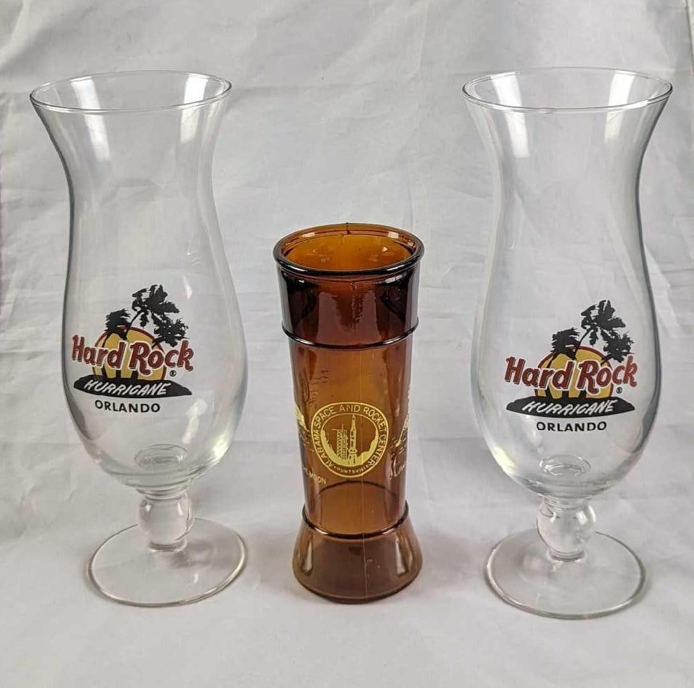 2 Hard Rock Orlando Hurricane Glasses & Alabama Space & Rocket Center Tumbler. This lot 