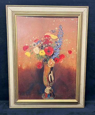 Framed Print On Wood Board Of Odilon Redon's Wild Flowers in a Long Neck Vase. This lot contains 