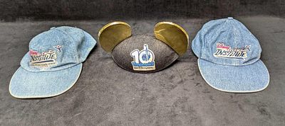 2 Disney Institute Denim Baseball Caps And Tencennial Mickey Ears. This lot comes with: 
(2) 