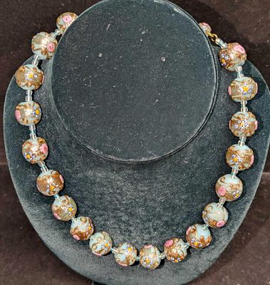 Vintage Italian Murano Blue And Gold Art Glass Bead Necklace DDDD. Glass beads with hand 
