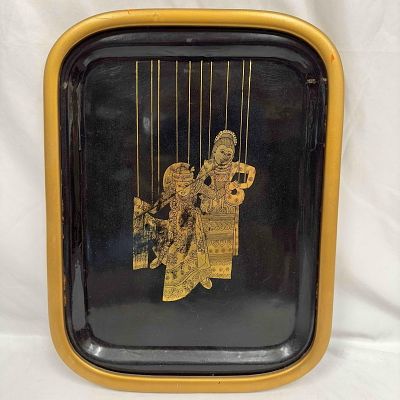 Toleware Serving Tray Framed Gold Black Lacquer Puppet Marionettes. This toleware tray features 