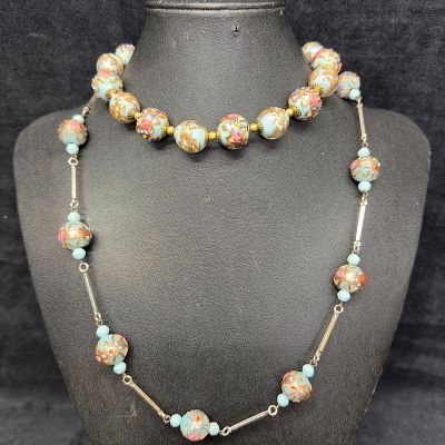 Murano Venetian Lamp Work Glass Fiorato Light Blue Round Bead Necklace Set Floral Necklaces 