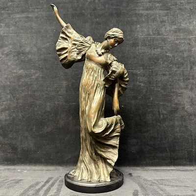 Resin Art Nouveau Style Dancing Woman Art Sculpture on Round Wood Base. A graceful decorative 