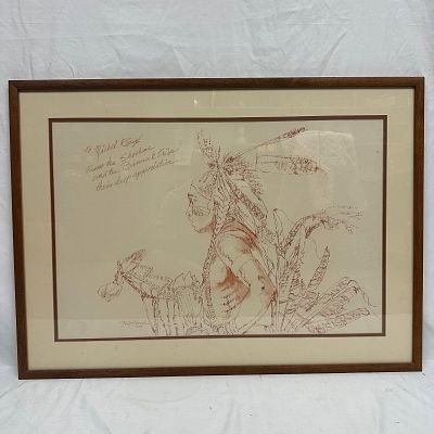 Ralph Harris Shoshone and Bannock Warrior Signed Artwork with Dedication. Framed artwork by 