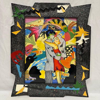 Louis Recchia Mixed Media Painting Embrace 1991 With Artist-Made Frame. Vibrant mixed media 