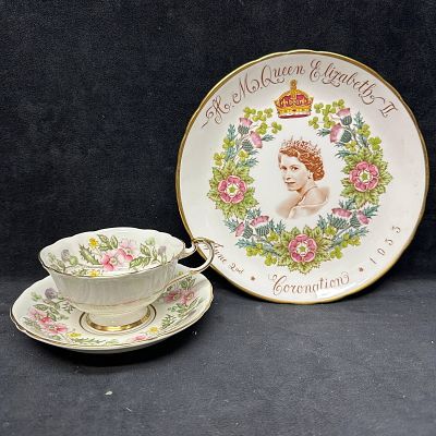 Queen Elizabeth II Coronation Commemorative Plate with Paragon Teacup and Saucer. Group lot 