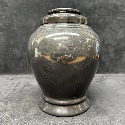 Polished Black Stone Lidded Urn Vessel Marble Style. Decorative polished black stone urn or 
