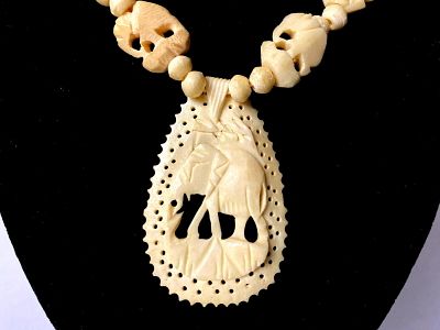 Vintage Detailed Hand Carved Bone Elephant Beads & Pendant. Vintage Hand Carved Bone Elephant 