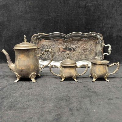 Godinger Mini Silver Plated 3 Piece Coffee Tea Set Teapot Creamer Sugar and Danny Wilson Tray 