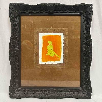 Black Frame Mixed Media Sunlit Repose Minimalist Silhouette Seated Figure Numbered R148. This 