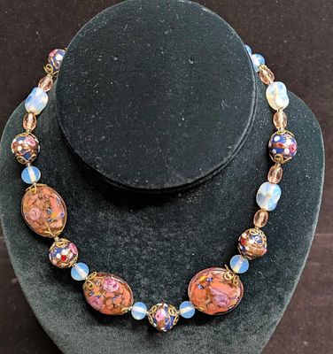 Vintage Italian Murano Art Glass Bead Necklace BBBBB Colorful glass beads with hand painted 