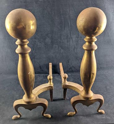 Vintage Brass Cannonball Fireplace Andirons or Fire Dogs Circa 1900-1949. Is approx 9" x 20" x 