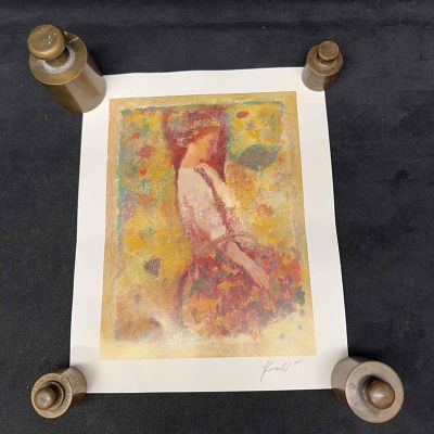 Hua Chen Gathering Blossoms Seriolithograph Print Signed. Seriolithgraph in color on archival 