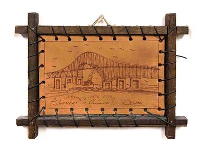 Signed Leather Engraving With Wood Frame. This lot contains a Signed Leather Engraving With Wood 