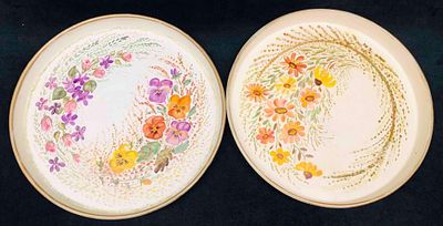 Two Hand Painted Flower Tin Dishes Signed SN. This lot contains Two Hand Painted Flower Tin 