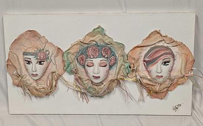 Three Paper Mache Masks On Signed Canvas. This canvas is approx 36" x 1 1/2" x 20 1/2" and it 