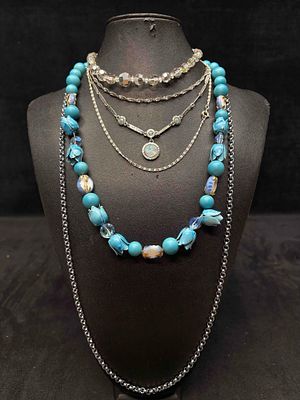 6pc Blue and Silver Lily of the Valley Necklace Lot. This lot consists of 6 pre-owned costume 